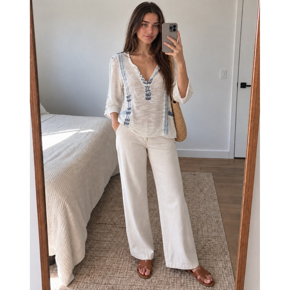 Curio New York Womens Open Knit Sweater Small White Blue Coastal Boho Beachy